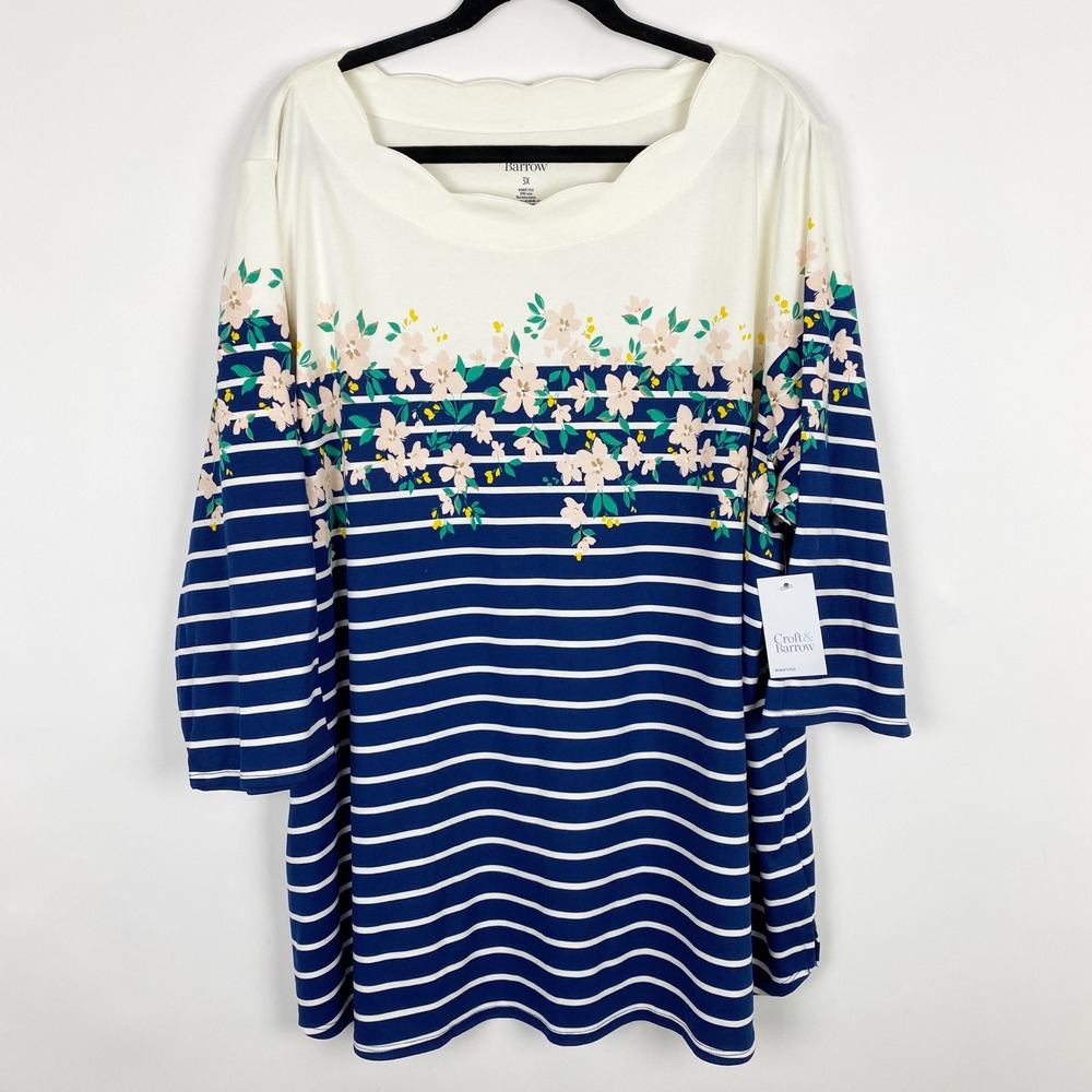 Croft & Barrow Floral Striped 3/4 Sleeve Scalloped Boat Neck Top Women 3X NWT